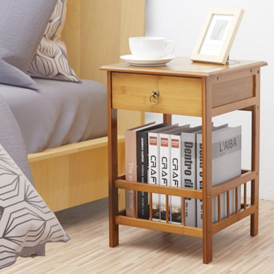 FATIVO 49cm Height 2-Tier Multifunctional Bamboo Bedside Table with Drawer Bedroom Couch Nightstand