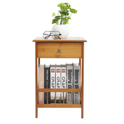 FATIVO 49cm Height 2-Tier Multifunctional Bamboo Bedside Table with Drawer Bedroom Couch Nightstand