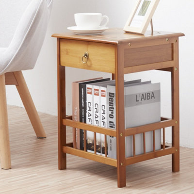 FATIVO 49cm Height 2-Tier Multifunctional Bamboo Bedside Table with Drawer Bedroom Couch Nightstand