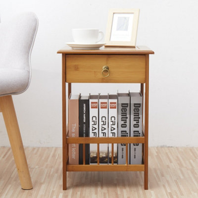 FATIVO 49cm Height 2-Tier Multifunctional Bamboo Bedside Table with Drawer Bedroom Couch Nightstand