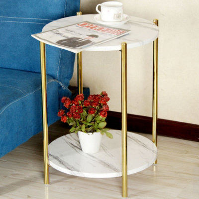 FATIVO 55cm Height 2 Tier Marble Side End Table Gold Frame Nightstand