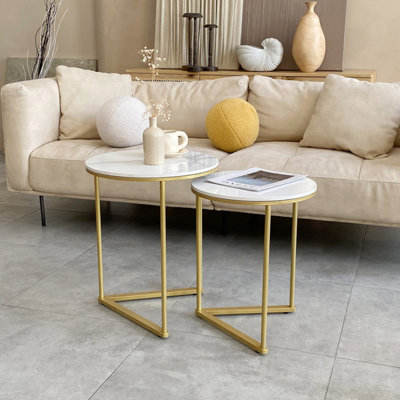 FATIVO 55cm Height Coffee Side End Table with Golden Frame Nightstand Storage Living Room, White Sintered Stone Marble