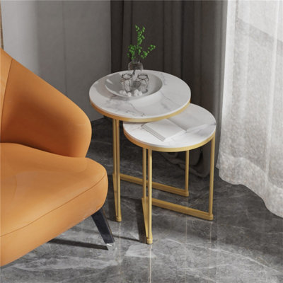 FATIVO 55cm Height Coffee Side End Table with Golden Frame Nightstand Storage Living Room, White Sintered Stone Marble