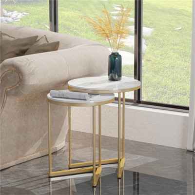 FATIVO 55cm Height Coffee Side End Table with Golden Frame Nightstand Storage Living Room, White Sintered Stone Marble