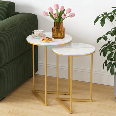 FATIVO 55cm Height Coffee Side End Table with Golden Frame Nightstand Storage Living Room, White Sintered Stone Marble