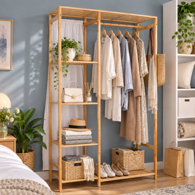 FATIVO 6 Tier Bamboo Garment Rack Storage Shelves Clothes Hanging ...