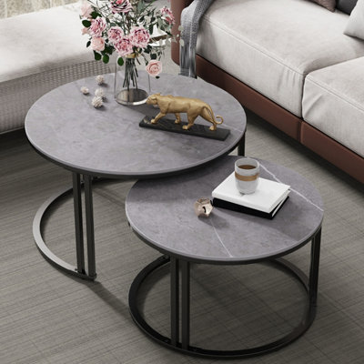 FATIVO 70cmW Coffee Table Set of 2 Nesting Accent Tables Grey Sintered Stone Marble Top Stacking Side Desk