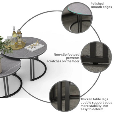 FATIVO 70cmW Coffee Table Set of 2 Nesting Accent Tables Grey Sintered Stone Marble Top Stacking Side Desk