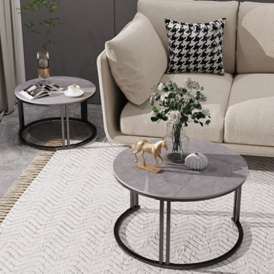 FATIVO 70cmW Coffee Table Set of 2 Nesting Accent Tables Grey Sintered Stone Marble Top Stacking Side Desk