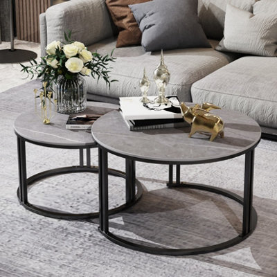 FATIVO 70cmW Coffee Table Set of 2 Nesting Accent Tables Grey Sintered Stone Marble Top Stacking Side Desk