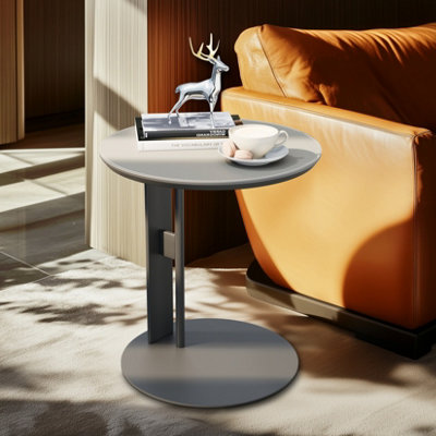 FATIVO C Shaped Compact Sofa Side End Table Round Coffee Laptop Table for Living Room Bedroom Grey