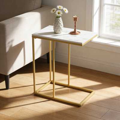 FATIVO L45 x W30 x H54.6cm Hard Wearing Gold Sofa Table C Shaped Side ...