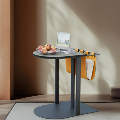 FATIVO Narrow Side Table with Saddle Leather Magazine Basket Holder Sofa End Table