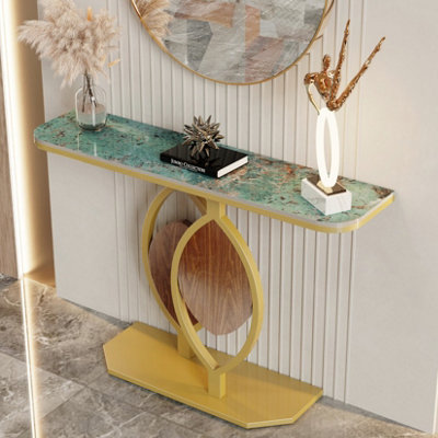 FATIVO Slim Marble Console Table Modern Accent End Table Hallway Unit Narrow Gold Stand, Green
