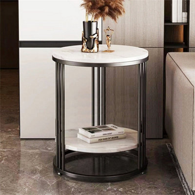 FATIVO Steady 2 Tiers Round Sofa Side Table Sintered Stone Top Marble Effect/Black Frame