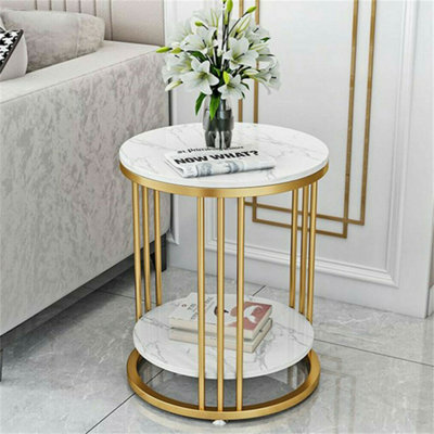 FATIVO Steady 2 Tiers Round Sofa Side Table Sintered Stone Top Marble Effect/Gold Frame