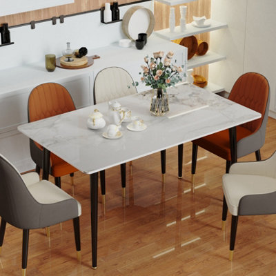 FATIVO Stunning High Gloss 4-6 Seater Marble Dining Table Kitchen Dinette Table House, Beige