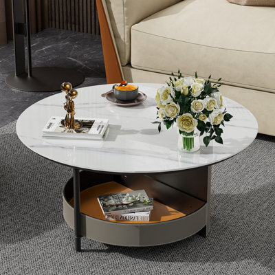 FATIVO Upscale Sintered Stone Center Table Exqusite Leather Sofa Side Table Living Room W/ a storage layer
