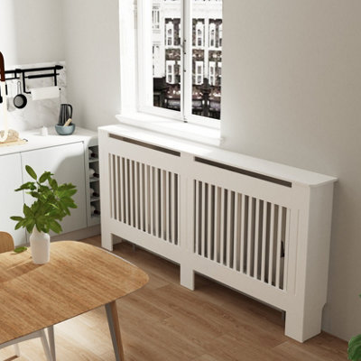 Witte Radiator Cover Verwarming Kast Opbergplank, Moderne Latten Huishoudelijke Woonkamer Verwarming Verwarming Zijstandaard, Houten Verwarming Meubels Decoratieve Kast Met 2 Deuren