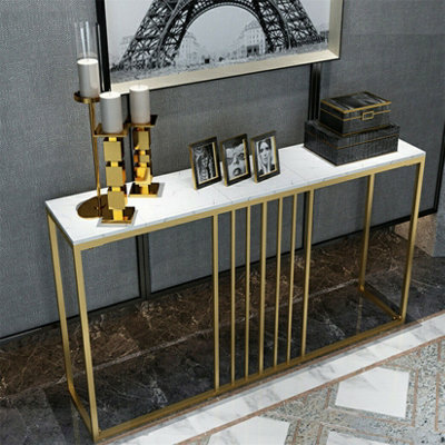 FATTIVO 120cm W Slim Narrow Hallway Console Table Scratch-proof Marble Long Bar Table Gold Legs, White