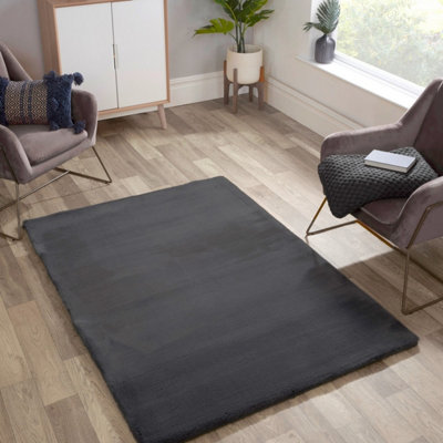 Faux Fur Charcoal Plain Shaggy Modern Rug for Living Room and Bedroom-120cm X 170cm