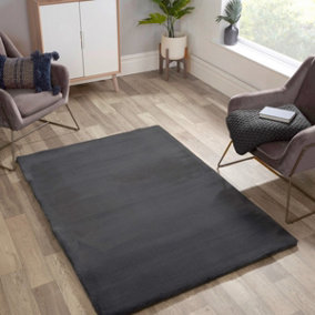 Faux Fur Charcoal Plain Shaggy Modern Rug for Living Room and Bedroom-60cm X 110cm