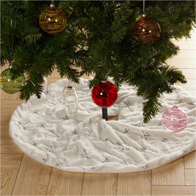 Faux Fur Christmas Tree Skirt Xmas Ornament Decoration with Sequin Snowflake Pattern 90 cm