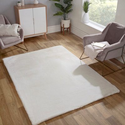 Faux Fur Ivory Plain Shaggy Modern Easy to Clean Polyester Rug for