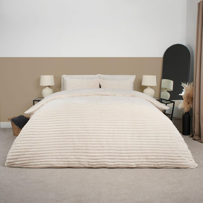 Faux Fur Ribbed Fleece Duvet Cover Bedding Set, Cream - Double