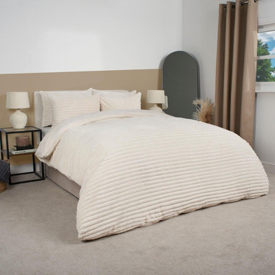 Faux Fur Ribbed Fleece Duvet Cover Bedding Set, Cream - King