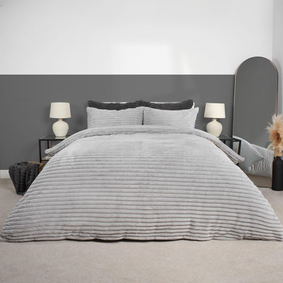 Faux Fur Ribbed Fleece Duvet Cover Bedding Set, Silver - King