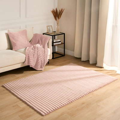 Faux Fur Rug Living Room Ribbed Large Mat Carpet, Blush - 120 x 170cm