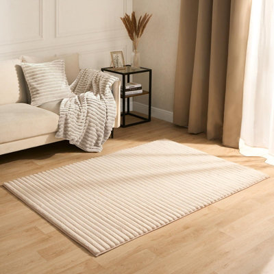 Faux Fur Rug Living Room Ribbed Large Mat Luxury Carpet Anti Slip Floor ...