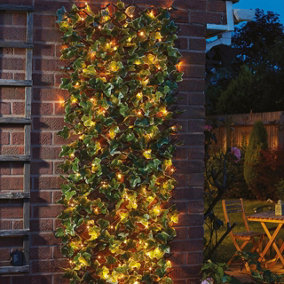 Faux Ivy Trellis with 50 Solar Powered LED Lights - Vertical or Horizontal Outdoor Garden Wall or Fence Decoration - H180 x W60cm