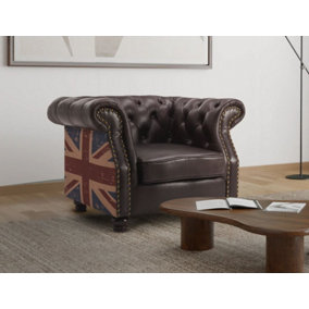 Faux Leather Brown 1 Seater Union Jack Chesterfield Sofa