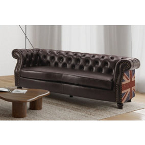 Faux Leather Brown 3 Seater Union Jack Chesterfield Sofa