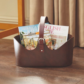 Faux Leather Brown Holdall Magazine Rack with Belt Buckle & Stitched Trims - Multifunctional Storage Bag - H34.5 x W43.5 x D26cm