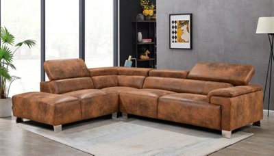 Faux Leather Brown Suede Left Hand Facing Corner Sofa