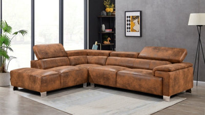 Faux Leather Brown Suede Left Hand Facing Corner Sofa
