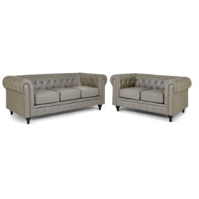 Faux Leather Chesterfield 2 & 3 Seater Sofa Set - Grey