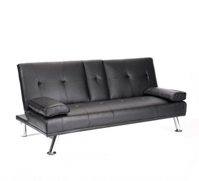 Faux Leather Folding Sofa Bed With Cup Holders Cinema Style Black