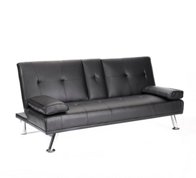 Faux Leather Folding Sofa Bed With Cup Holders Cinema Style, Black
