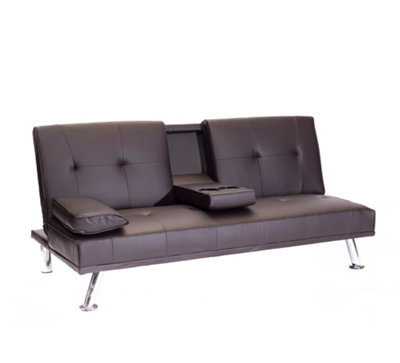 Faux Leather Folding Sofa Bed With Cup Holders Cinema Style, Brown