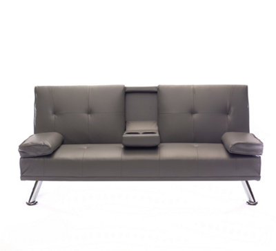 Faux Leather Folding Sofa Bed With Cup Holders Cinema Style, Grey