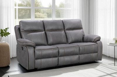 Faux Leather Grey 3 Seater Manual Recliner Sofa with Contrast Stitching