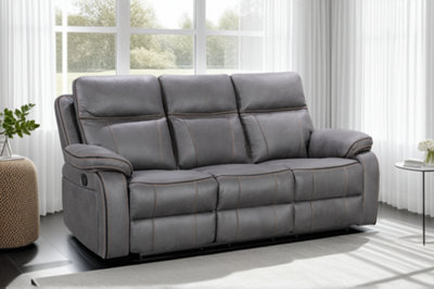 Faux Leather Grey 3 Seater Manual Recliner Sofa with Contrast Stitching