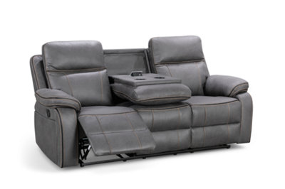 Faux Leather Grey 3 Seater Manual Recliner Sofa with Contrast Stitching