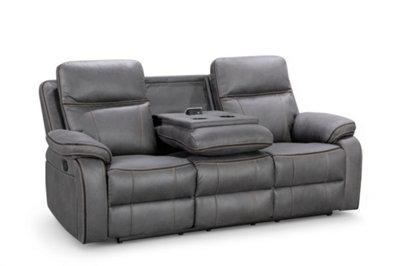 Faux Leather Grey 3 Seater Manual Recliner Sofa with Contrast Stitching