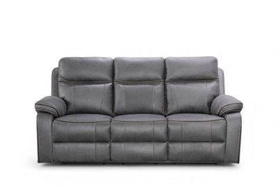 Faux Leather Grey 3 Seater Manual Recliner Sofa with Contrast Stitching