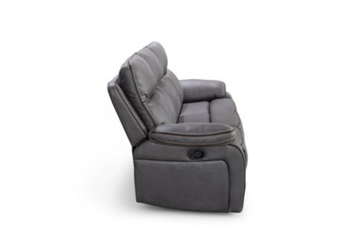 Faux Leather Grey 3 Seater Manual Recliner Sofa with Contrast Stitching